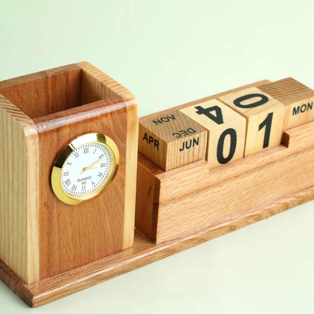 1779689202_Wooden Clock Pen Stand Organizer with Perpetual Calendar- 3